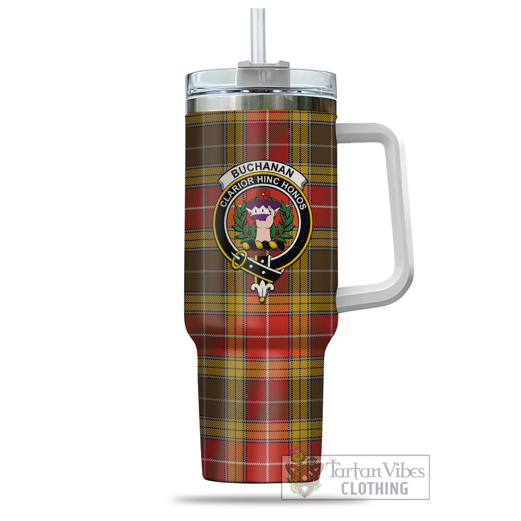 Tartan Vibes Clothing Buchanan Old Set Weathered Tartan and Family Crest Tumbler with Handle