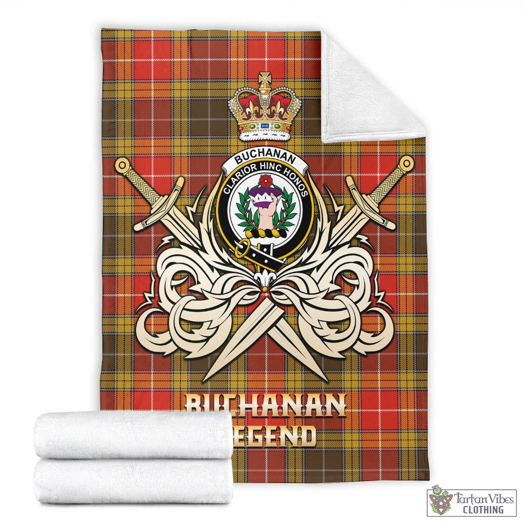 Tartan Vibes Clothing Buchanan Old Set Weathered Tartan Blanket with Clan Crest and the Golden Sword of Courageous Legacy