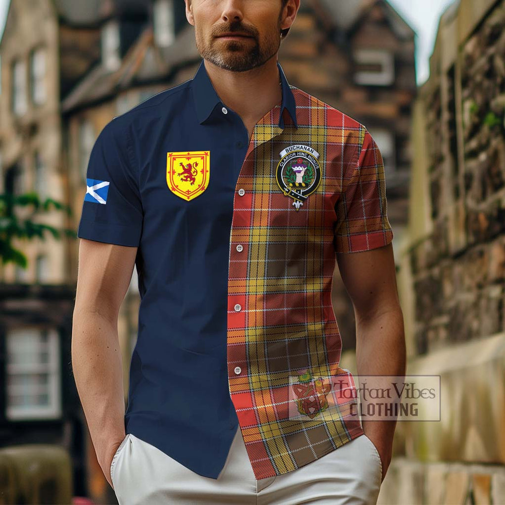 Tartan Vibes Clothing Buchanan Old Set Weathered Tartan Short Sleeve Button Shirt with Scottish Lion Royal Arm Half Style