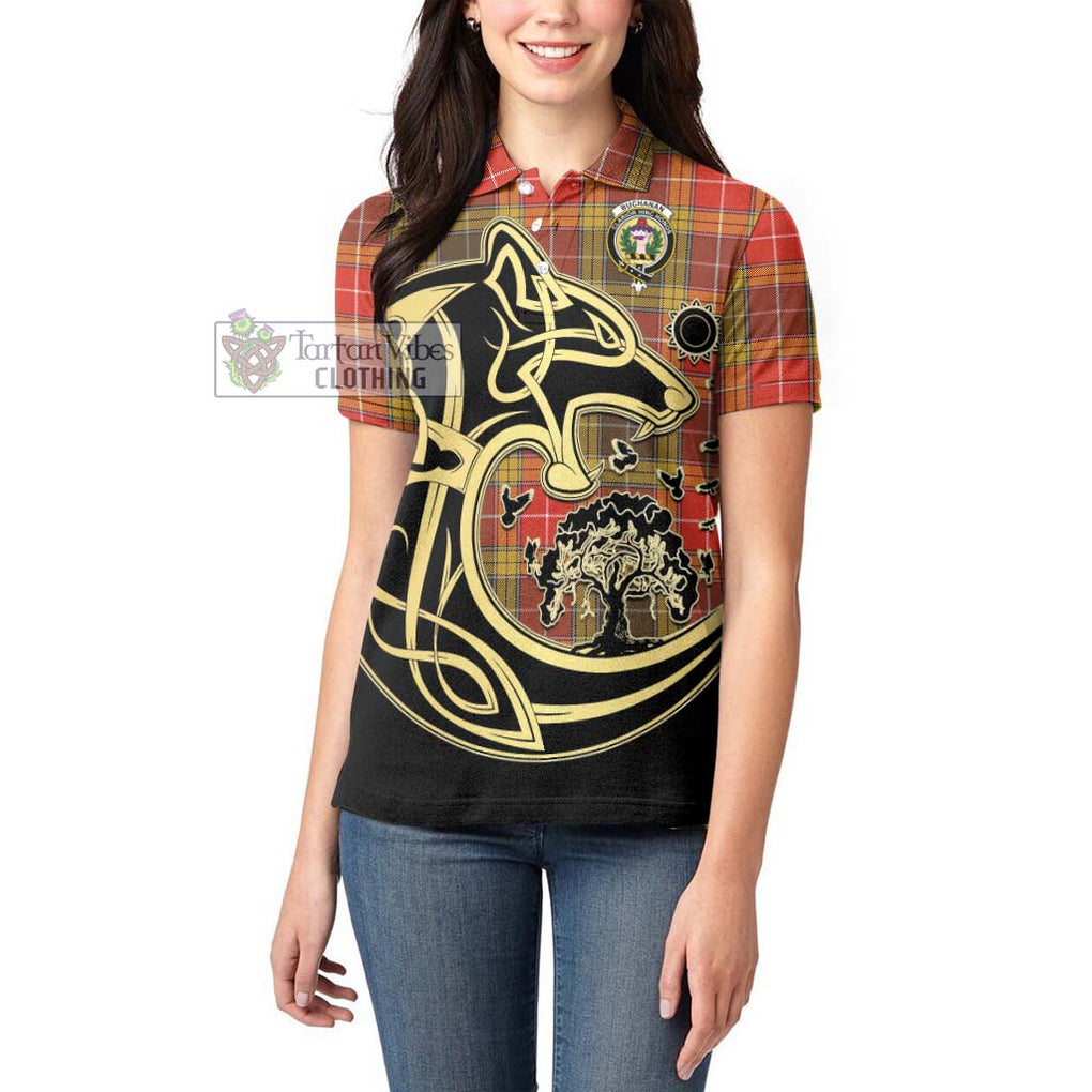 Buchanan Old Set Weathered Tartan Women's Polo Shirt with Family Crest Celtic Wolf Style - Tartanvibesclothing Shop