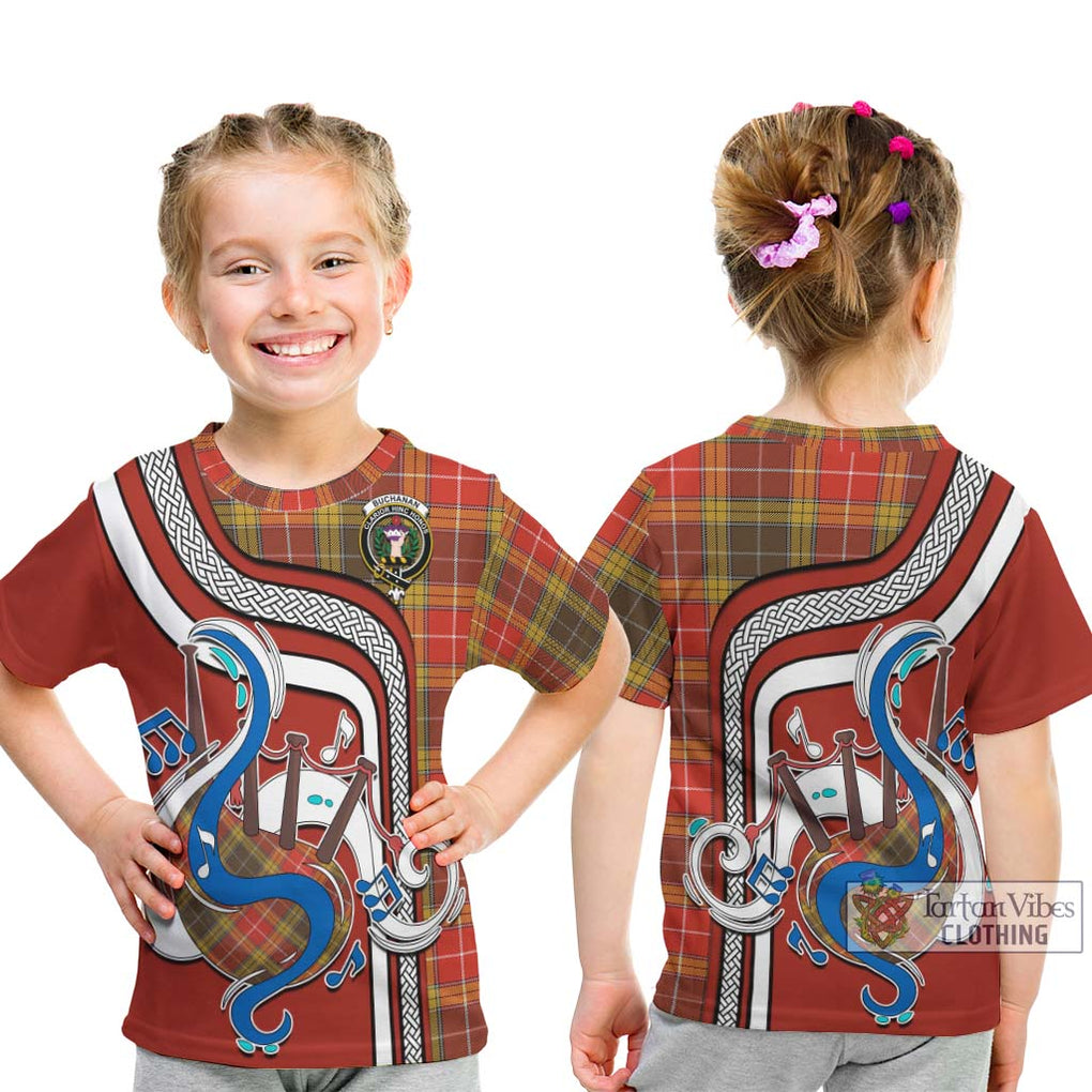 Tartan Vibes Clothing Buchanan Old Set Weathered Tartan Kid T-Shirt with Epic Bagpipe Style