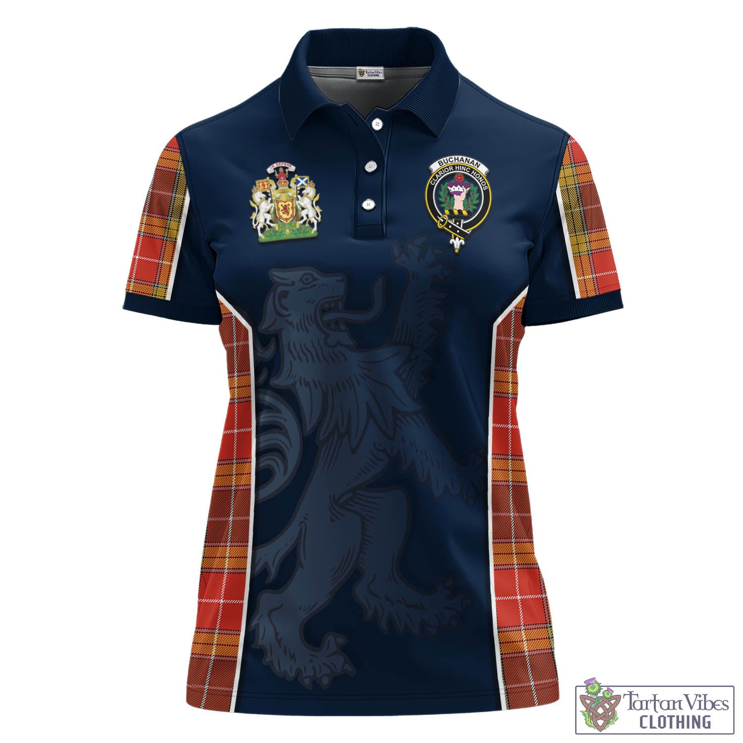 Tartan Vibes Clothing Buchanan Old Set Weathered Tartan Women's Polo Shirt with Family Crest and Lion Rampant Vibes Sport Style