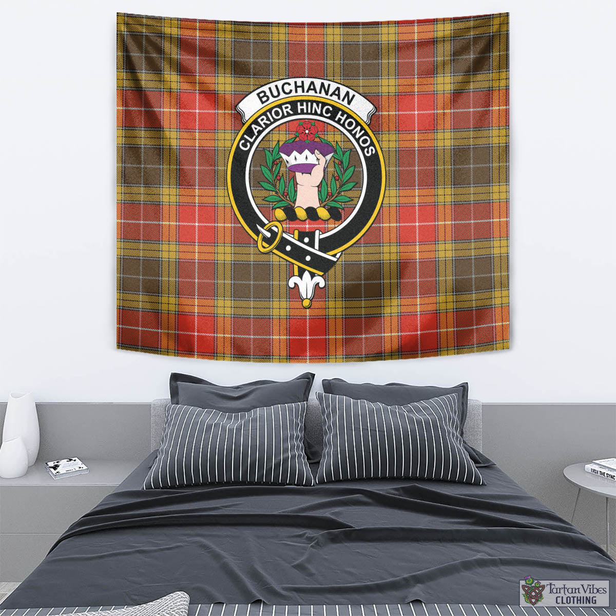 Tartan Vibes Clothing Buchanan Old Set Weathered Tartan Tapestry Wall Hanging and Home Decor for Room with Family Crest