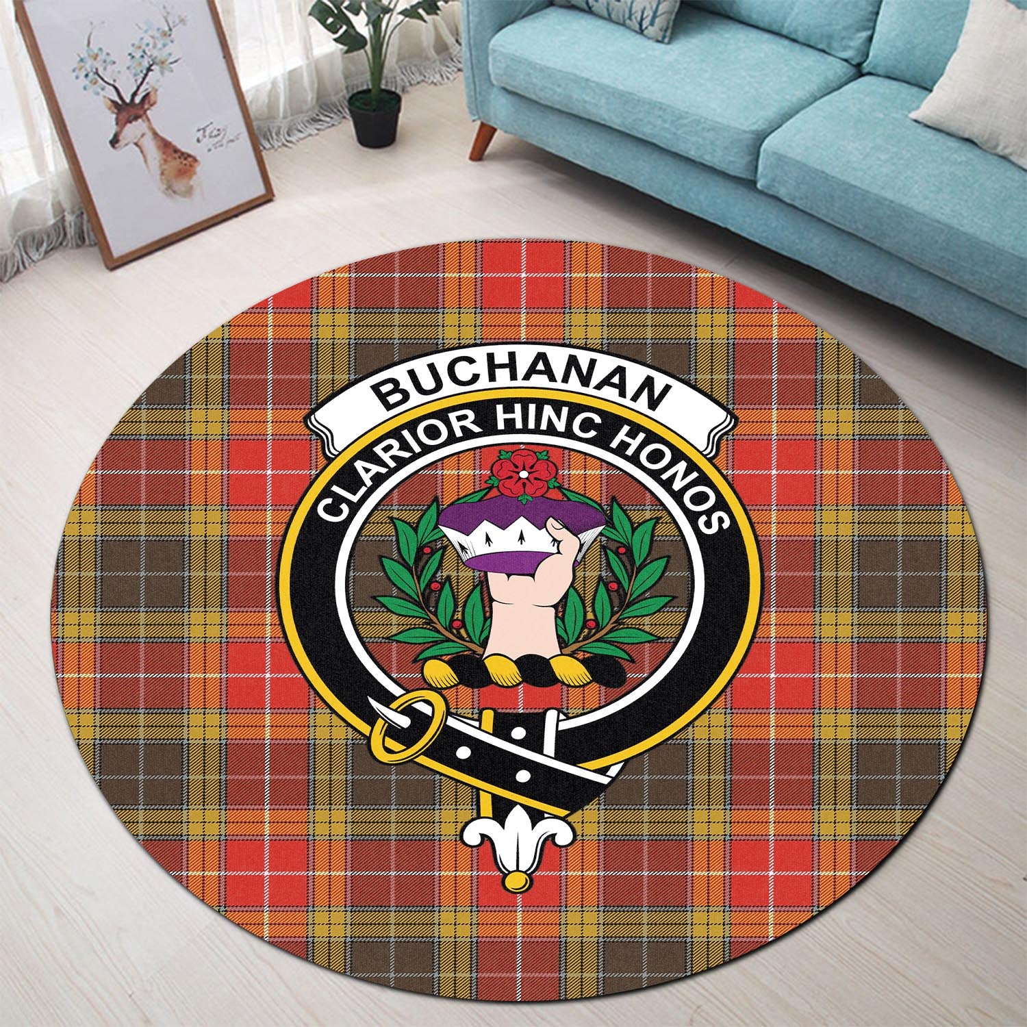 Buchanan Old Set Weathered Tartan Round Rug with Family Crest - Tartanvibesclothing