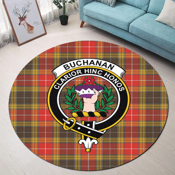 Buchanan Old Set Weathered Tartan Round Rug with Family Crest