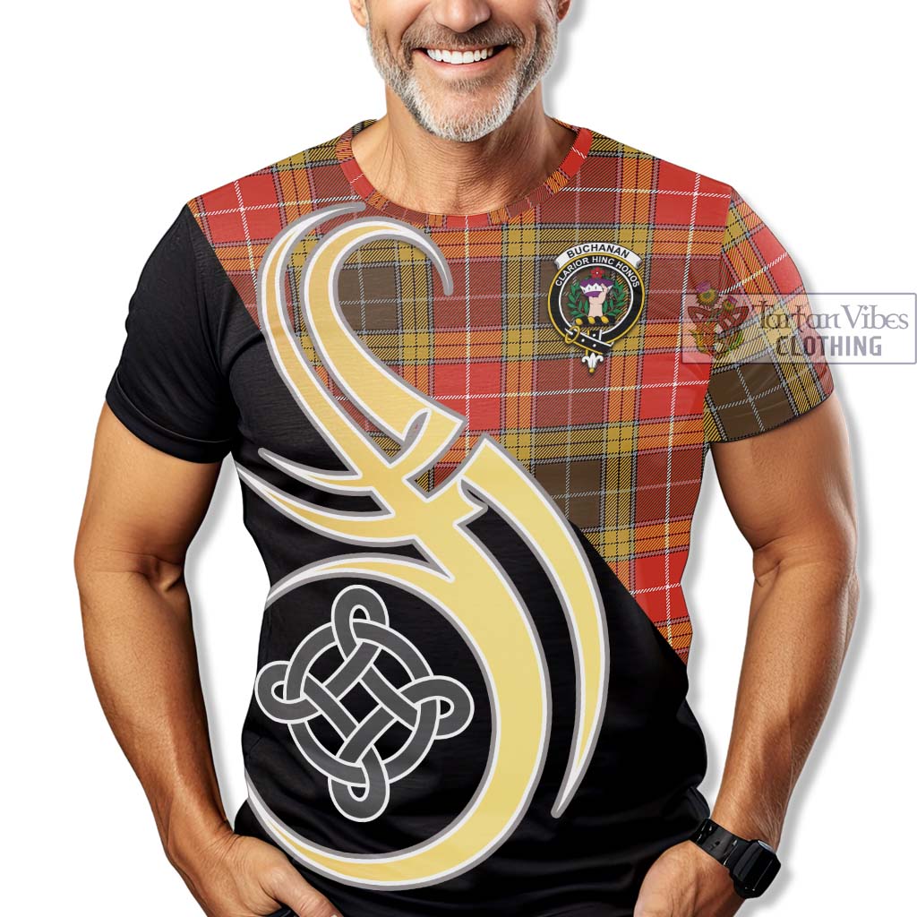 Tartan Vibes Clothing Buchanan Old Set Weathered Tartan T-Shirt with Family Crest and Celtic Symbol Style