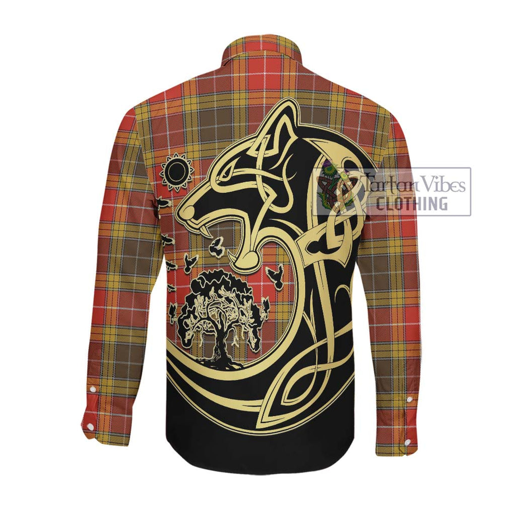 Buchanan Old Set Weathered Tartan Long Sleeve Button Shirt with Family Crest Celtic Wolf Style Men's Shirt - Tartan Vibes Clothing