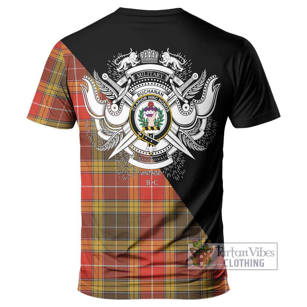 Buchanan Old Set Weathered Tartan T-Shirt with Family Crest and Military Logo Style - Tartanvibesclothing Shop