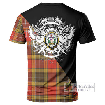 Buchanan Old Set Weathered Tartan T-Shirt with Family Crest and Military Logo Style