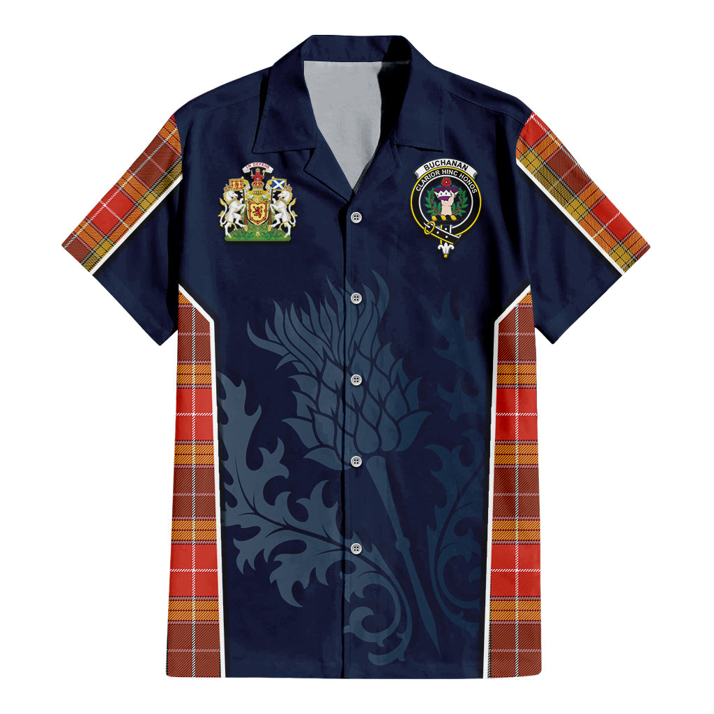 Tartan Vibes Clothing Buchanan Old Set Weathered Tartan Short Sleeve Button Up Shirt with Family Crest and Scottish Thistle Vibes Sport Style