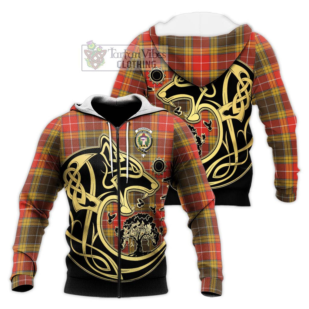 Buchanan Old Set Weathered Tartan Knitted Hoodie with Family Crest Celtic Wolf Style Unisex Knitted Zip Hoodie - Tartan Vibes Clothing