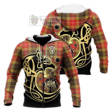 Buchanan Old Set Weathered Tartan Knitted Hoodie with Family Crest Celtic Wolf Style