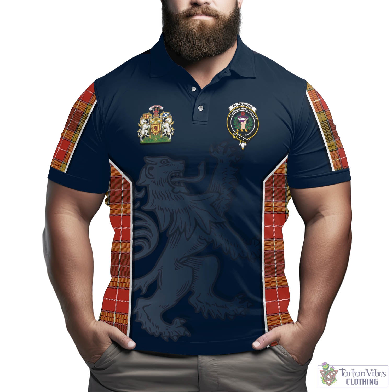 Tartan Vibes Clothing Buchanan Old Set Weathered Tartan Men's Polo Shirt with Family Crest and Lion Rampant Vibes Sport Style