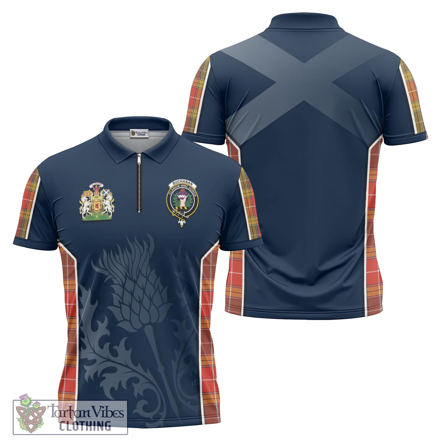 Tartan Vibes Clothing Buchanan Old Set Weathered Tartan Zipper Polo Shirt with Family Crest and Scottish Thistle Vibes Sport Style