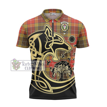 Buchanan Old Set Weathered Tartan Zipper Polo Shirt with Family Crest Celtic Wolf Style