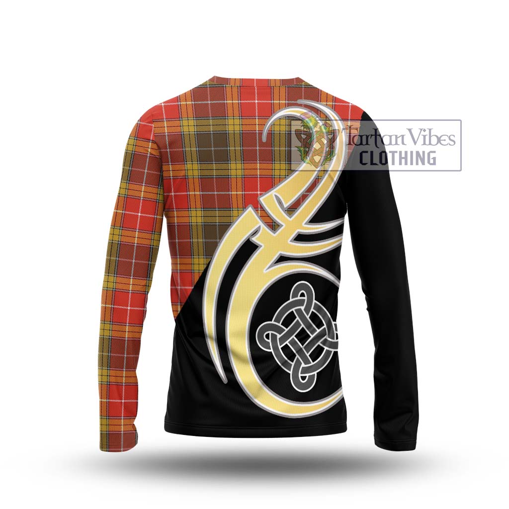 Buchanan Old Set Weathered Tartan Long Sleeve T-Shirt with Family Crest and Celtic Symbol Style - Tartan Vibes Clothing