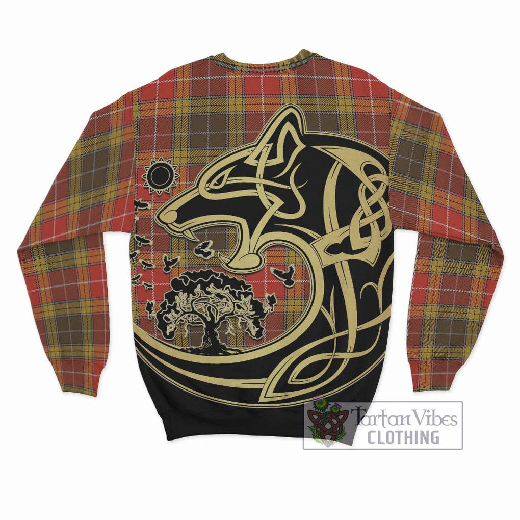 Buchanan Old Set Weathered Tartan Sweatshirt with Family Crest Celtic Wolf Style - Tartan Vibes Clothing