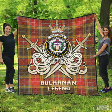 Buchanan Old Set Weathered Tartan Quilt with Clan Crest and the Golden Sword of Courageous Legacy