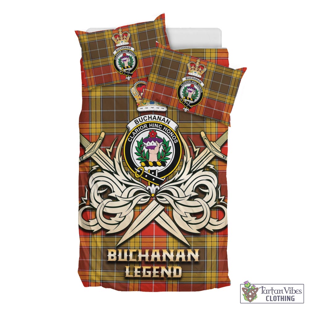 Tartan Vibes Clothing Buchanan Old Set Weathered Tartan Bedding Set with Clan Crest and the Golden Sword of Courageous Legacy