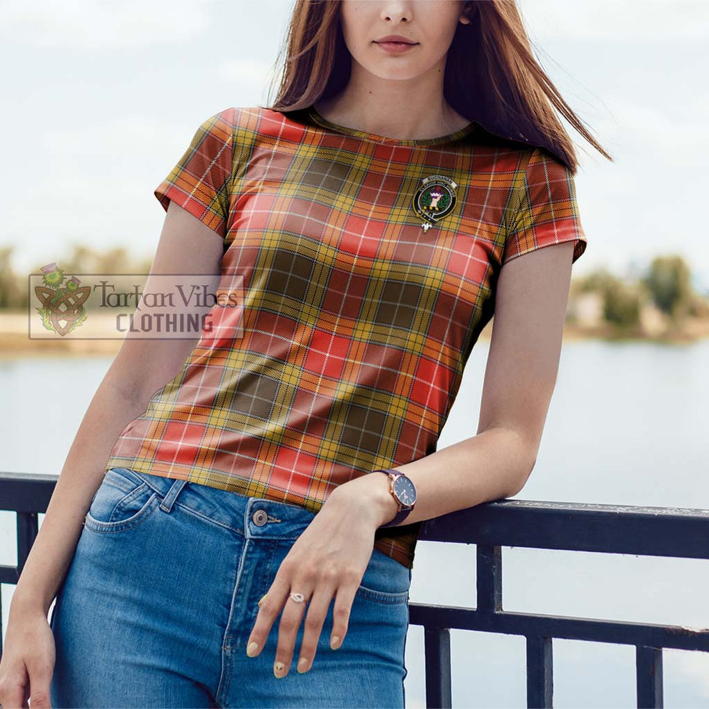 Buchanan Old Set Weathered Tartan Cotton T-Shirt with Family Crest Women's Shirt - Tartanvibesclothing Shop