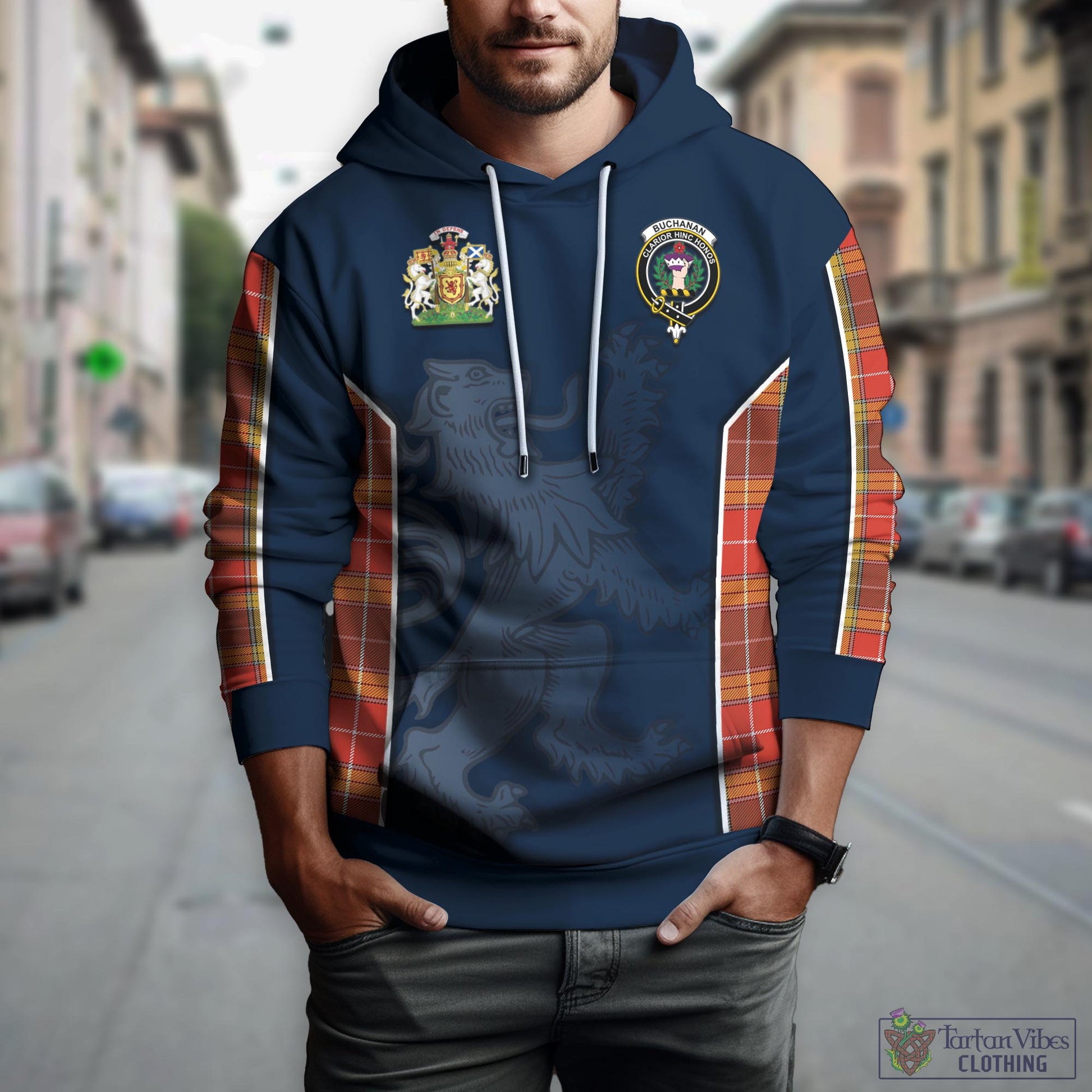 Tartan Vibes Clothing Buchanan Old Set Weathered Tartan Hoodie with Family Crest and Lion Rampant Vibes Sport Style