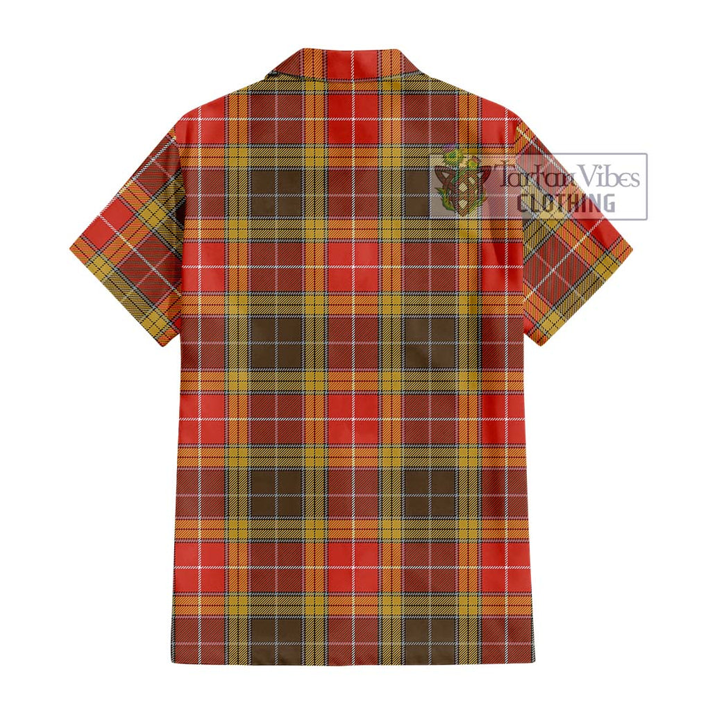 Buchanan Old Set Weathered Tartan Short Sleeve Button Shirt with Family Crest DNA In Me Style - Tartanvibesclothing Shop