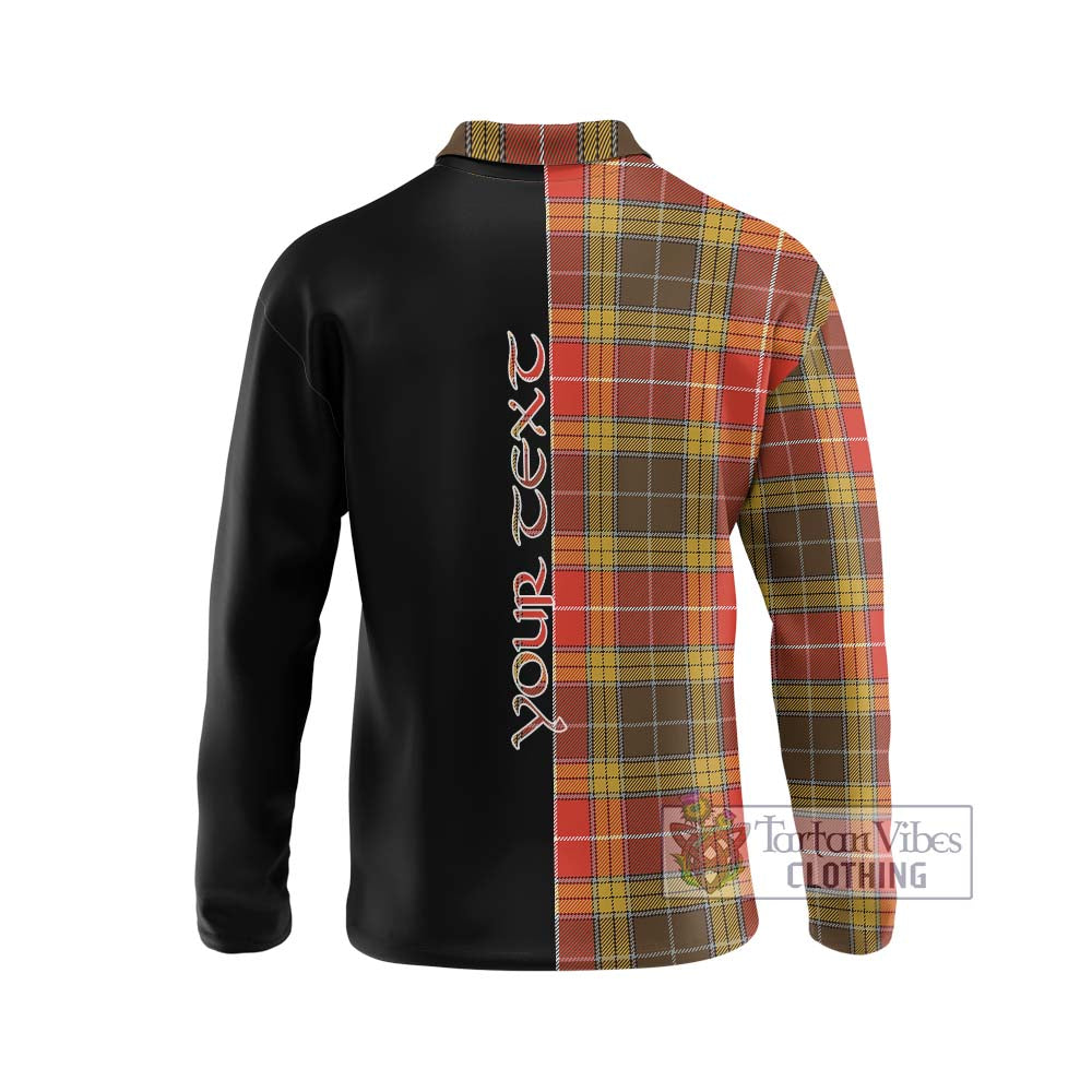 Buchanan Old Set Weathered Tartan Long Sleeve Polo Shirt with Family Crest and Half Of Me Style - Tartanvibesclothing Shop