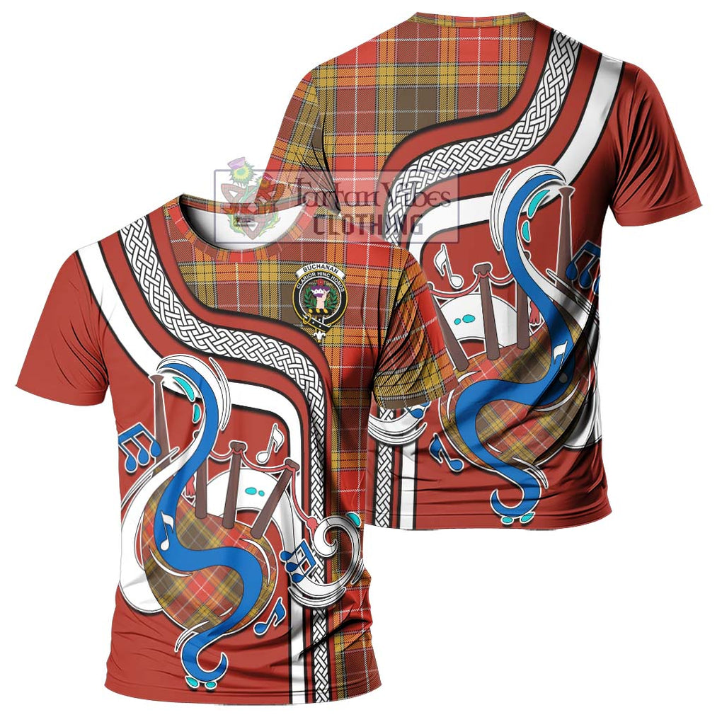 Buchanan Old Set Weathered Tartan T-Shirt with Epic Bagpipe Style - Tartanvibesclothing Shop