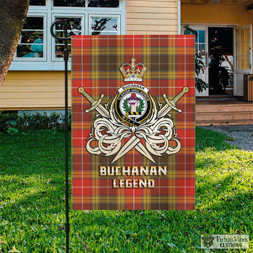 Buchanan Old Set Weathered Tartan Flag with Clan Crest and the Golden Sword of Courageous Legacy