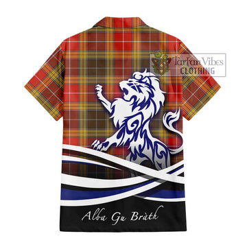 Buchanan Old Set Weathered Tartan Short Sleeve Button Shirt with Alba Gu Brath Regal Lion Emblem