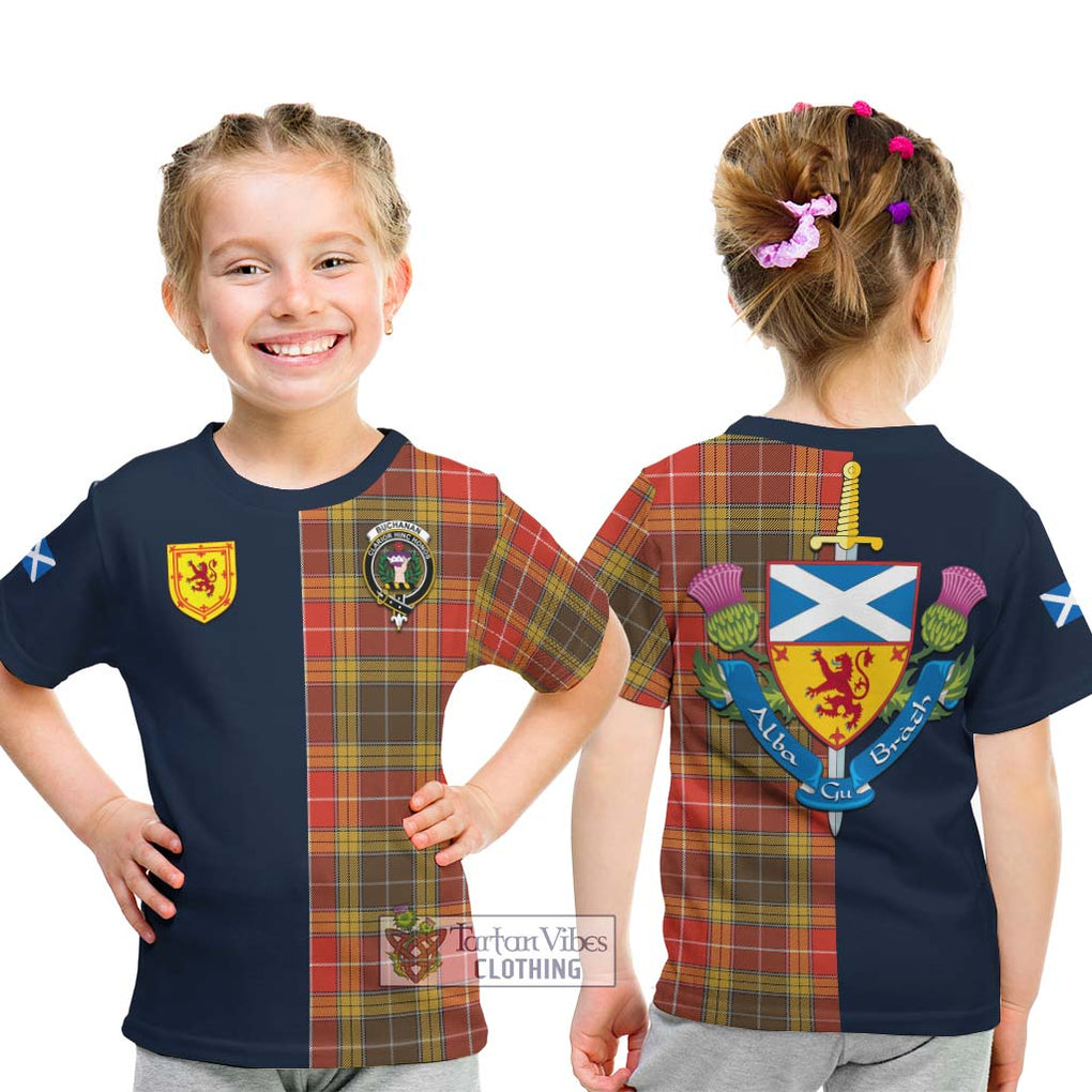 Tartan Vibes Clothing Buchanan Old Set Weathered Tartan Kid T-Shirt with Scottish Lion Royal Arm Half Style