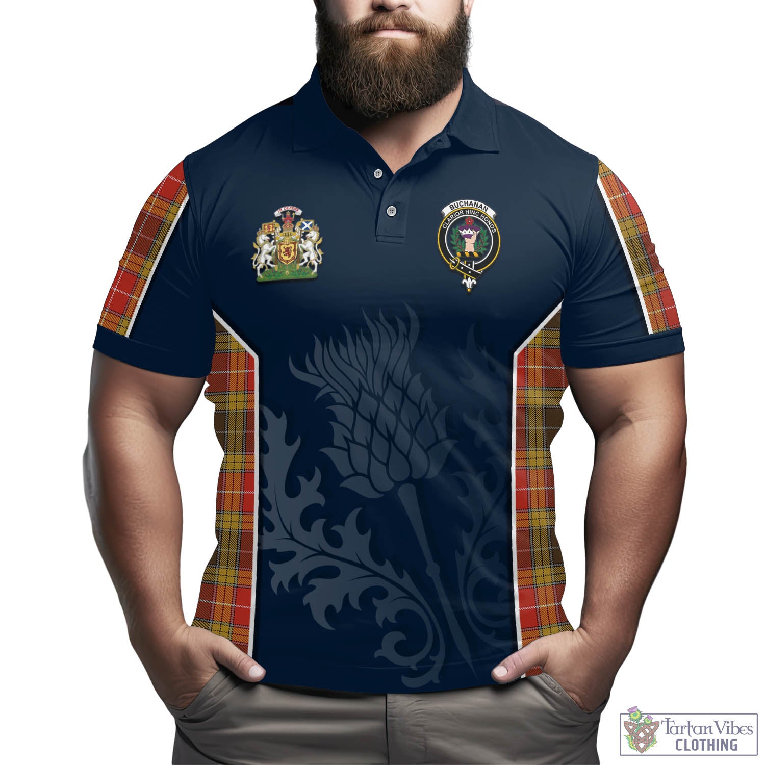 Tartan Vibes Clothing Buchanan Old Set Weathered Tartan Men's Polo Shirt with Family Crest and Scottish Thistle Vibes Sport Style