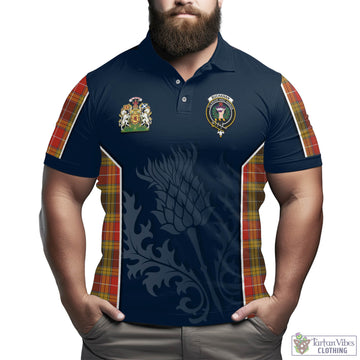 Buchanan Old Set Weathered Tartan Men's Polo Shirt with Family Crest and Scottish Thistle Vibes Sport Style