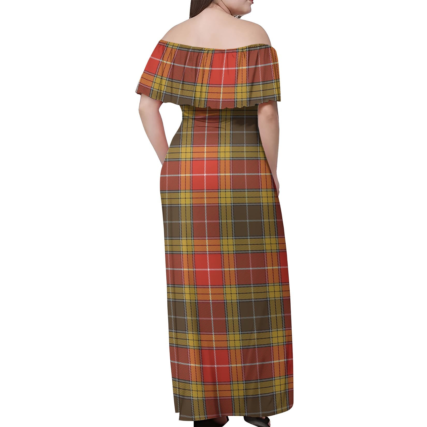 Buchanan Old Set Weathered Tartan Off Shoulder Long Dress - Tartanvibesclothing