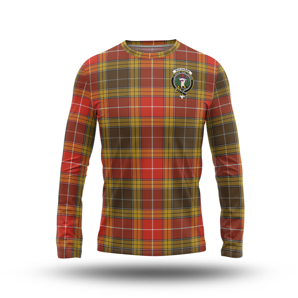 Buchanan Old Set Weathered Tartan Long Sleeve T-Shirt with Family Crest - Tartanvibesclothing