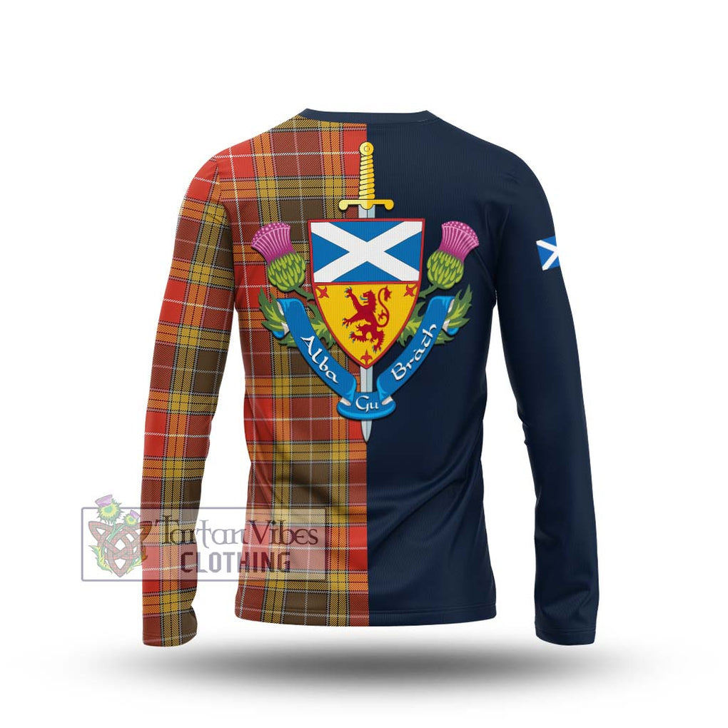 Tartan Vibes Clothing Buchanan Old Set Weathered Tartan Long Sleeve T-Shirt with Scottish Lion Royal Arm Half Style