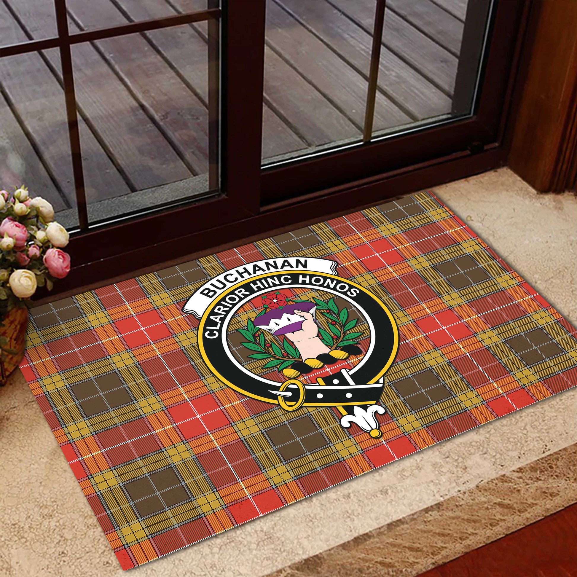 Buchanan Old Set Weathered Tartan Door Mat with Family Crest - Tartanvibesclothing