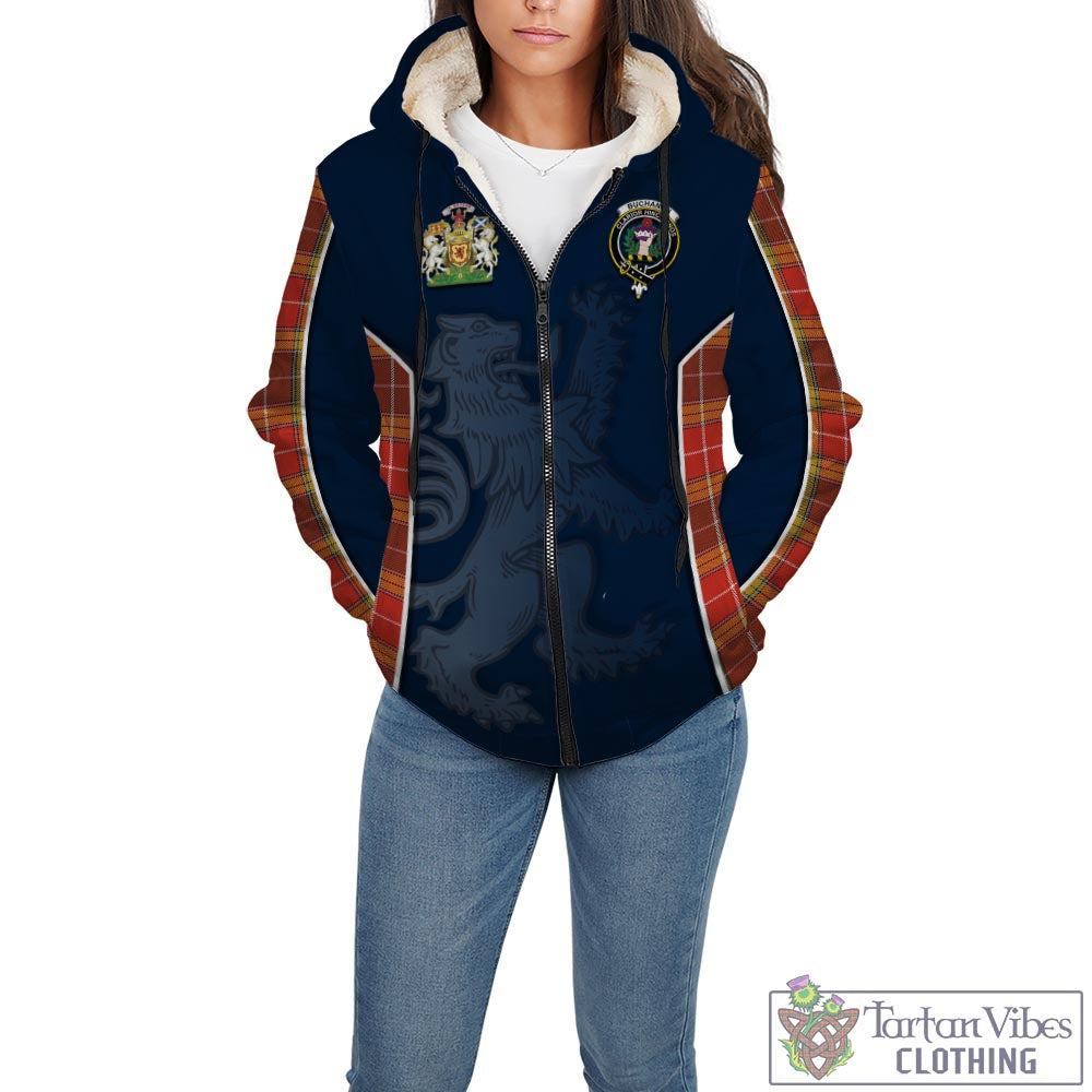 Tartan Vibes Clothing Buchanan Old Set Weathered Tartan Sherpa Hoodie with Family Crest and Lion Rampant Vibes Sport Style