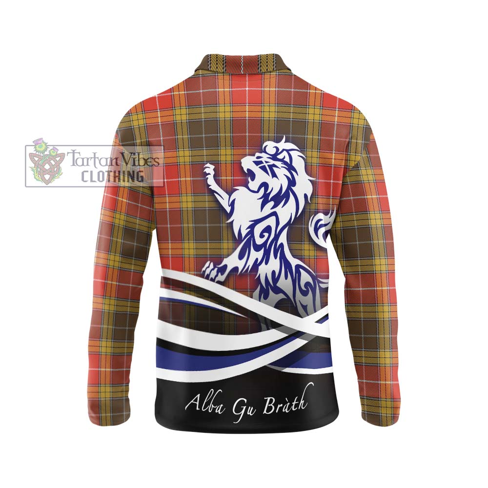 Buchanan Old Set Weathered Tartan Long Sleeve Polo Shirt with Alba Gu Brath Regal Lion Emblem - Tartanvibesclothing Shop