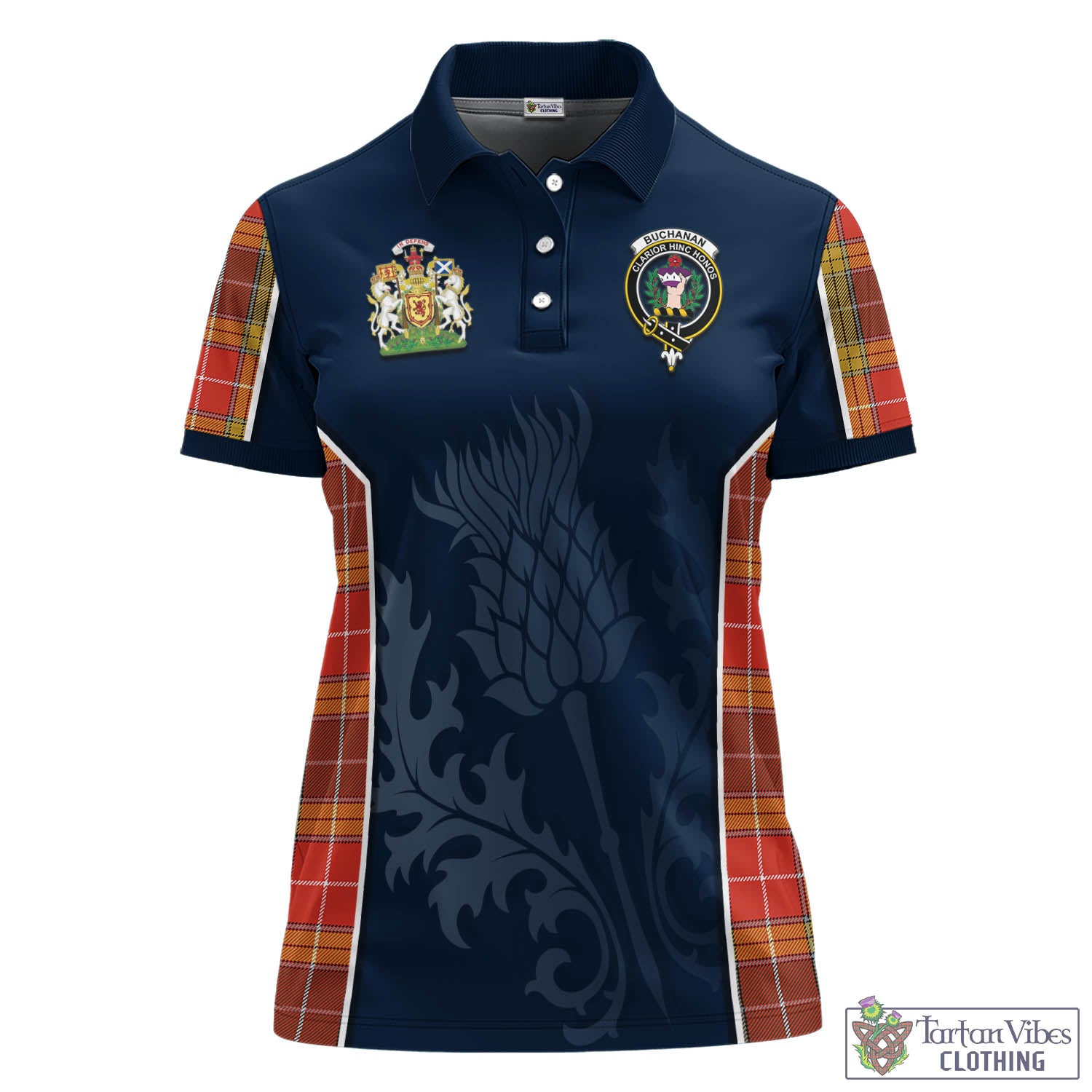 Tartan Vibes Clothing Buchanan Old Set Weathered Tartan Women's Polo Shirt with Family Crest and Scottish Thistle Vibes Sport Style