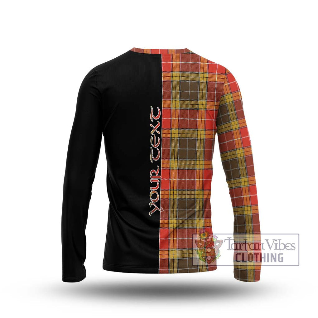 Buchanan Old Set Weathered Tartan Long Sleeve T-Shirt with Family Crest and Half Of Me Style - Tartanvibesclothing Shop