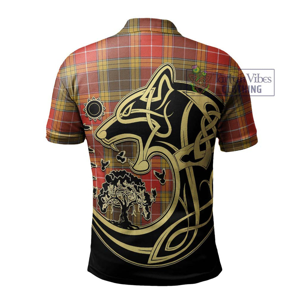 Buchanan Old Set Weathered Tartan Polo Shirt with Family Crest Celtic Wolf Style - Tartanvibesclothing Shop