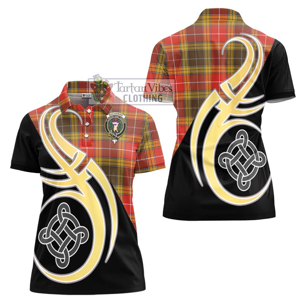 Buchanan Old Set Weathered Tartan Women's Polo Shirt with Family Crest and Celtic Symbol Style - Tartan Vibes Clothing