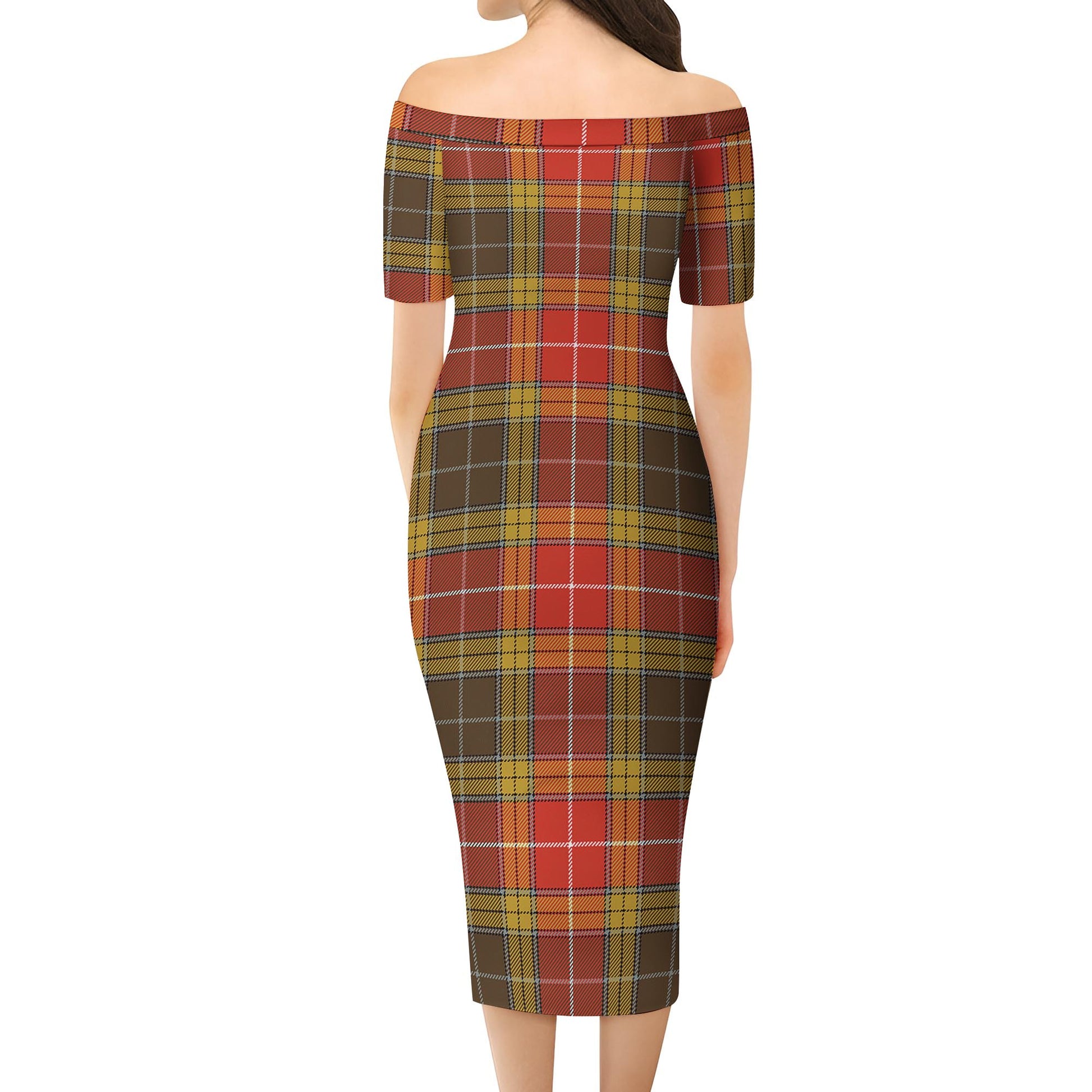 Buchanan Old Set Weathered Tartan Off Shoulder Lady Dress - Tartanvibesclothing