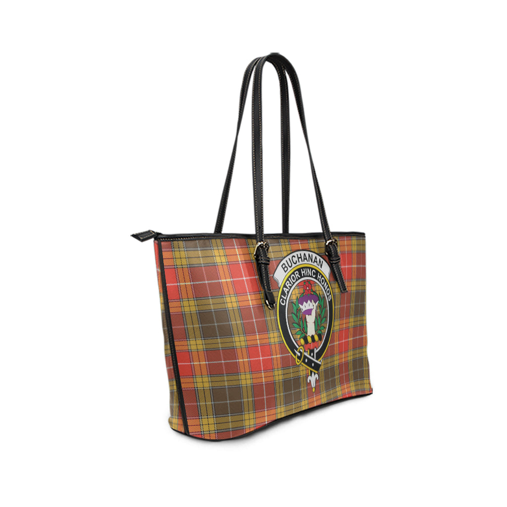 Buchanan Old Set Weathered Tartan Leather Tote Bag with Family Crest - Tartanvibesclothing