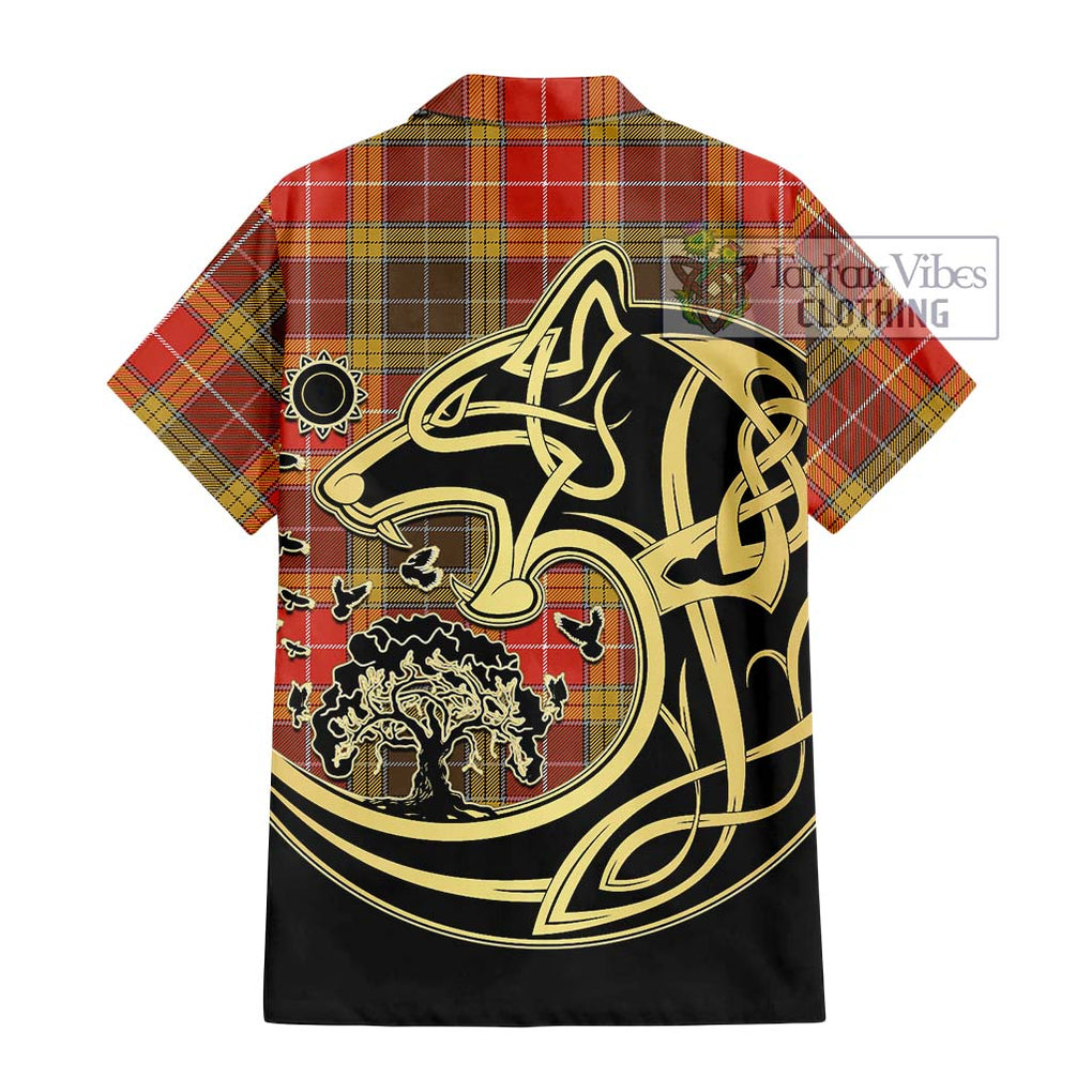 Buchanan Old Set Weathered Tartan Short Sleeve Button Shirt with Family Crest Celtic Wolf Style - Tartan Vibes Clothing