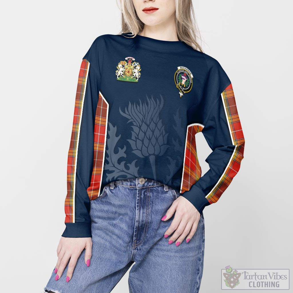 Tartan Vibes Clothing Buchanan Old Set Weathered Tartan Sweatshirt with Family Crest and Scottish Thistle Vibes Sport Style