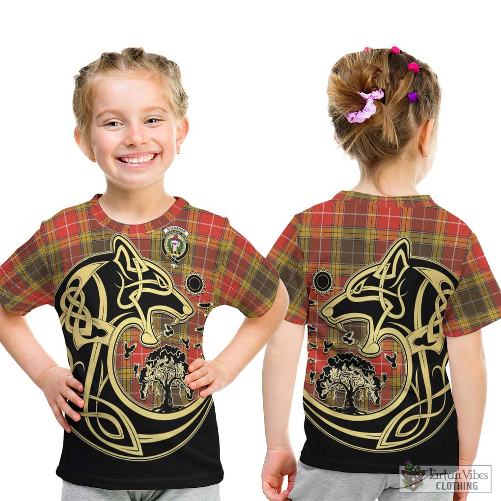 Buchanan Old Set Weathered Tartan Kid T-Shirt with Family Crest Celtic Wolf Style - Tartan Vibes Clothing