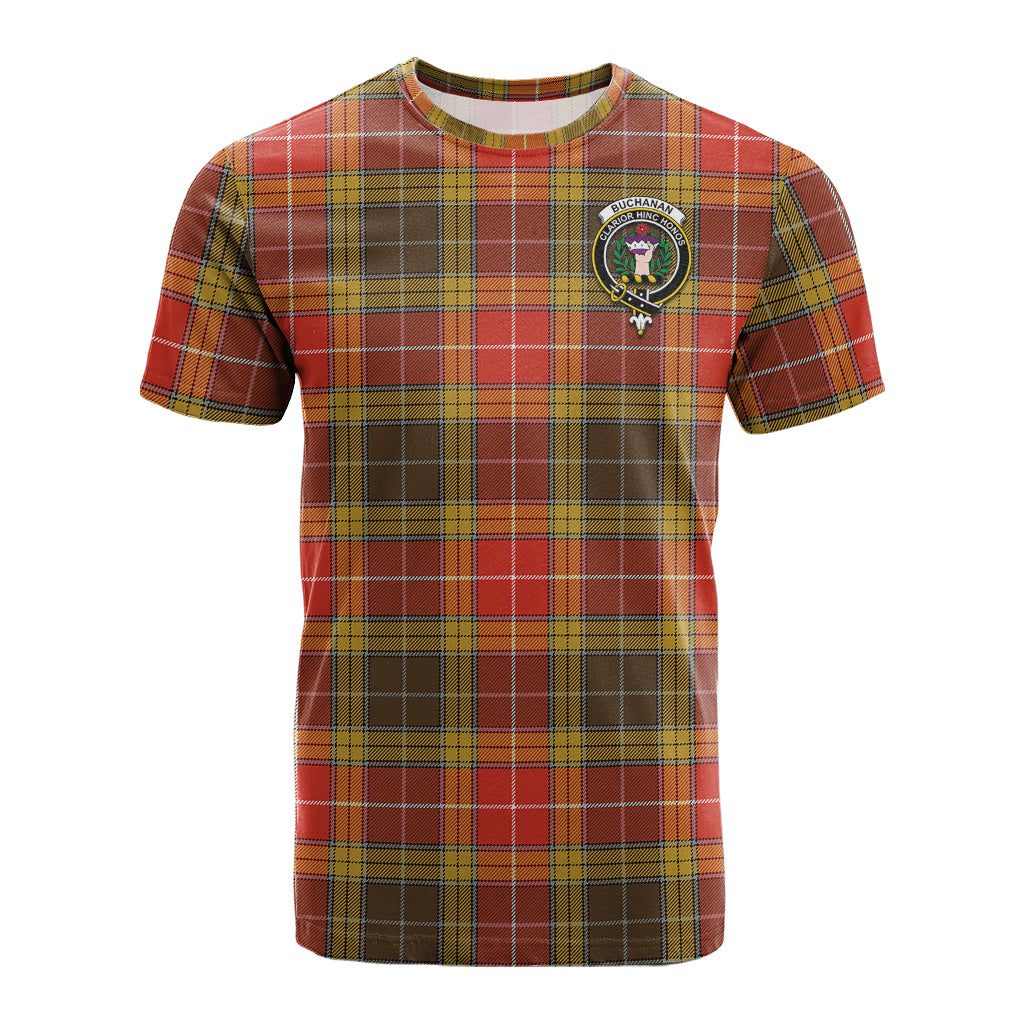 Buchanan Old Set Weathered Tartan T-Shirt with Family Crest - Tartan Vibes Clothing