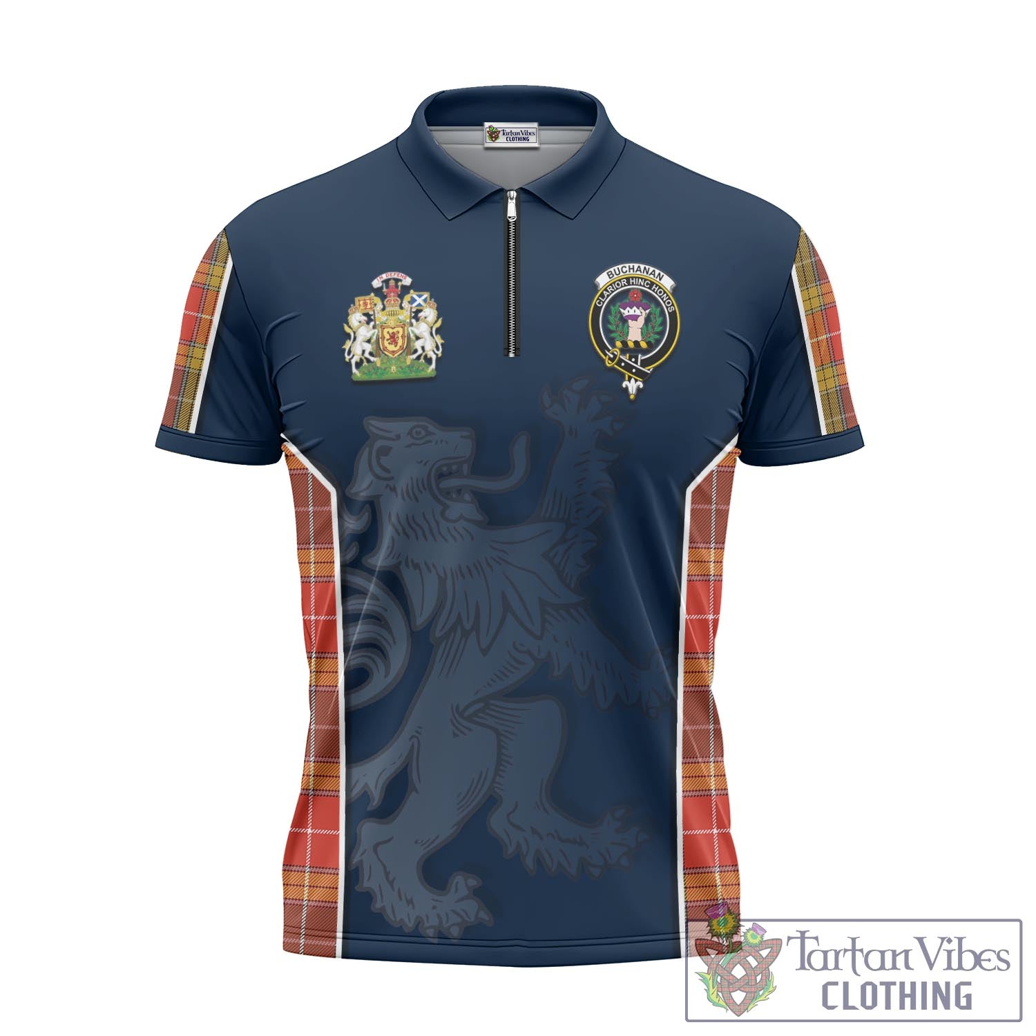 Tartan Vibes Clothing Buchanan Old Set Weathered Tartan Zipper Polo Shirt with Family Crest and Lion Rampant Vibes Sport Style